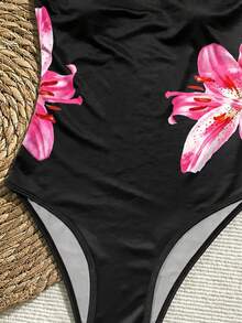 SHEIN 少女夏季休闲海滩、学校、游泳课、欢乐假期，黑白撞色花卉镂空连体泳衣，网纱系带细节 - 黑色 - 查看 4