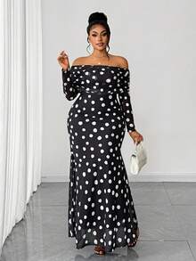 Maweii Đầm dài tay dáng đuôi cá, trễ vai, chấm bi, thanh lịch, thắt eo dành cho nữ cỡ lớn, thích hợp cho các buổi hẹn hò và tiệc tùng. - Đen và trắng - Xem 4
