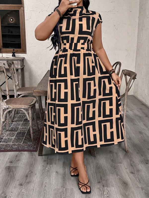 EMERY ROSE Plus Size Woven African Geometric Printed Dress,Black,Summer,Elegant,Everyday Vacation Vibe Chic Dress For Women
