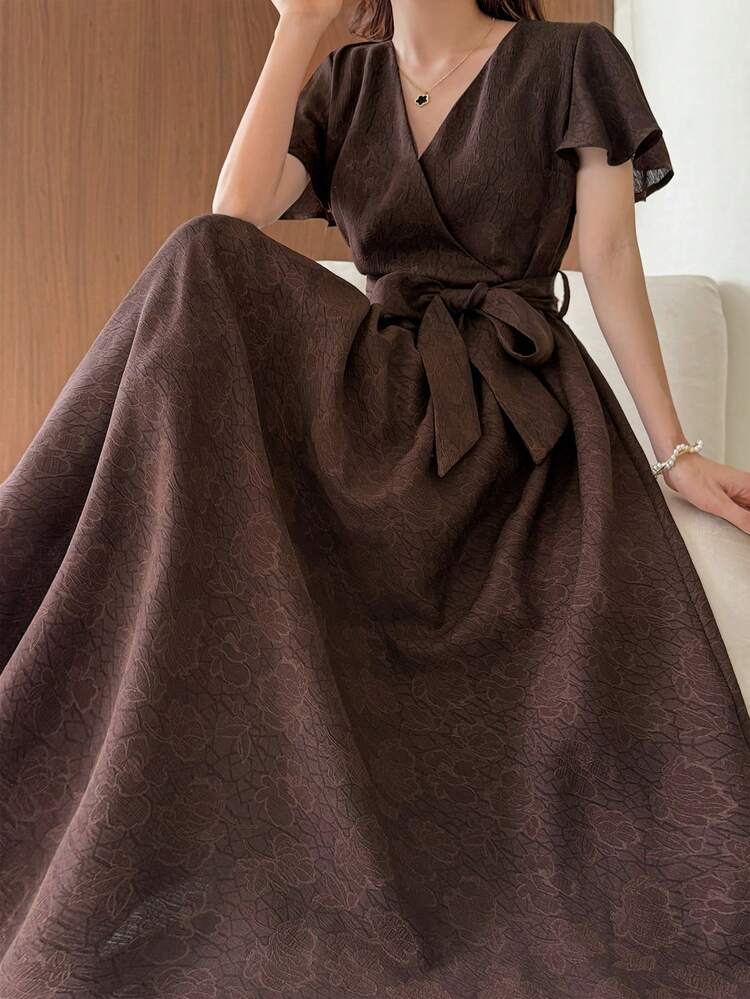 Women's Solid Color V-Neck Twist Waist Design Elegant Midi Dress, Suitable For Dates Sundress