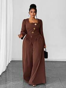 Maweii 复古休闲方领修身加大码两件套 - 棕色 - 查看 3