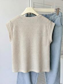 SHEIN Áo thun ngắn tay cổ tròn kẻ sọc dành cho nữ tuổi teen, phong cách tối giản thoải mái mùa hè - Màu Khaki - Xem 2