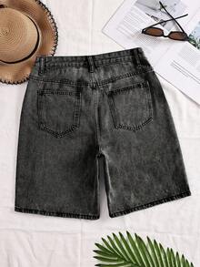 SHEIN 女士水钻装饰水洗直筒牛仔短裤 - 灰色 - 查看 2