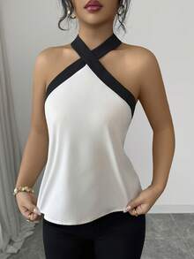 Selianne Black & White Contrast Elegant Halter Neck Top, Suitable For Vacation & Party - Multicolor - View 3
