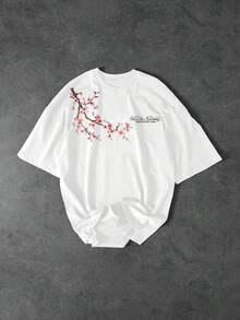 Manfinity LEGND Men's Casual Floral & Letter Print T-Shirt, Summer Men Shirts Streetwear Men Tshirt White With Red Design Flower Tshirt Men Cherry Blossom Shirt Japanese Tshirt - White - View 5