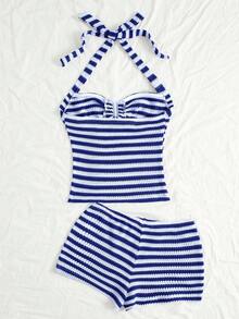 Sunnyshic Women's Casual Vacation Elegant Outfit Daily Versatile Fashion Street Beach Wear Striped Fabric Halter Tie Bow Sleeveless Top And High Waisted Bodycon Shorts 2 Piece Set - Multicolor - View 2