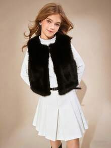 1pc Girls Oversized Sleeveless Tank Top, Fluffy Texture, Loose Fit, Solid Color Minimalist Style, Suitable For Layering In Autumn/Winter, Suitable For School, Weekend And Daily Wear - Black - View 4