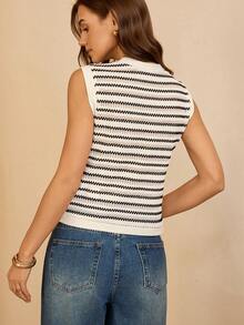 Lymera Spring/Summer New Fashion Casual Versatile Black & White Jacquard Knit Fabric Metal Buckle Tank Top - Multicolor - View 2