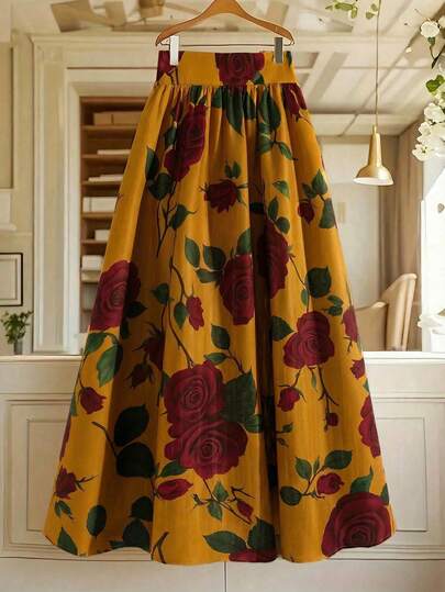 GlowEve CURVE Women's Elegant Casual Large Floral Gray-Brown Flared Skirt Mustard Floral Skirt Floral Maxi Skirt Long Floral Skirt Yellow Long Skirt Rose Print Skirt Floral Long Skirt Maxi Floral Skirt