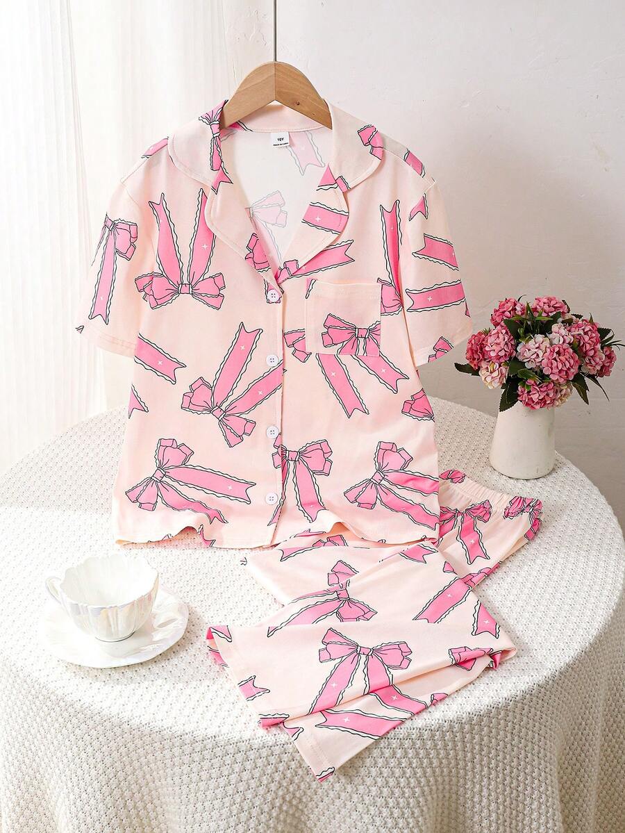 Bộ đồ ngủ 2 món cho bé gái, gồm áo tay ngắn in hình bướm và quần ống rộng, áo sơ mi cổ cài nút + quần ống rộng, đồ mặc nhà ngọt ngào và thoải mái, phù hợp cho mặc thường ngày. - Hồng - Xem 1