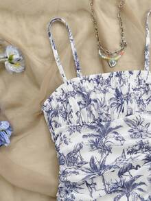 SHEIN 少女休闲 Dreamara 蓝白碎花网纱度假/假日/复古/沙滩/海洋/优雅连衣裙，可爱 - 藍白色 - 查看 3