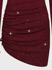 Sparklyn 女童黑色亮片派对连衣裙，修身长袖针织连衣裙，饰有荷叶边蝴蝶结，适合鸡尾酒会、节日旅行等场合。 - 酒紅色 - 查看 8