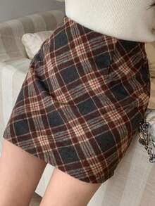 DAZY Women's Elegant Plaid Mini Skirt, Suitable For Christmas Outfit, Autumn - Brown - View 10