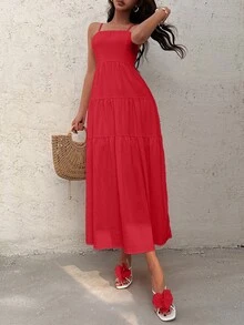 Sunnyshic Peach Textured Fabric Drawstring Pleated Camisole Loose Flowy Dress, Flattering & Vacation Style, Sleeveless - Fiery Red - View 4