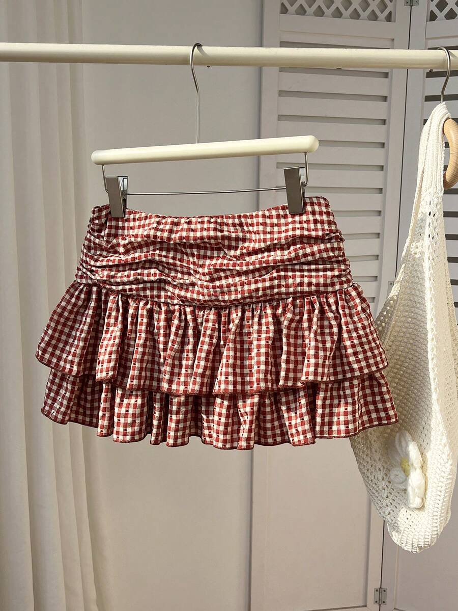 Elamini 女士红色格子褶皱高腰双层下摆浪漫度假甜美休闲短裙，春夏款 - 紅色 - 查看 1