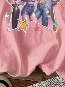 SHEIN 少女休闲复古字母数字徽章图案T恤，运动学院风短袖圆领T恤，适合夏季，基础款，轻松运动风，舒适休闲，字母T恤，休闲舒适，蓝白配色，秋季T恤，简约时尚，经典百搭 - 彩色 - 查看 5