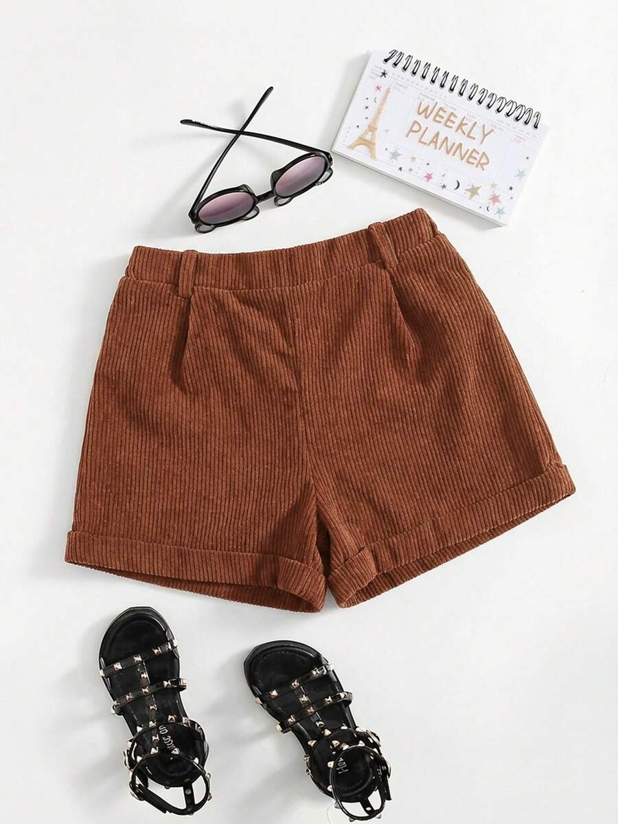 SHEIN Quần short nhung kẻ màu trơn, kiểu dáng thường ngày dành cho bé gái tuổi teen. - màu nâu - Xem 1