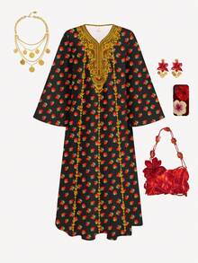 SHEIN Tween-Mädchen Vintage Blumen Rose Muster, Lässig Minimalistische Kleid, geeignet für Frühling/Sommer, Gebets-Abaya, bequem, Alltag Outfit, Urlaubsstimmung, bescheidener Kaftan, Jalabiya, Islamische Geschenke, süße muslimische Jalabiya, bequem, Urlaubsstimmung - Verschiedenfarbig - Übersicht 2