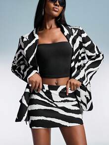 Aveloria GENKIRA Fashionable Design Sense Casual Zebra Reverse Contrast Print Blazer Jacket Paired With Low-Waist Mini Skirt, Oversized Shoulder Design Women Suit Set - Multicolor - View 8