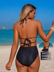 Swim Chiccia 1pc Women's Elegant Polka Dot Sexy Deep V-Neck Pearl Embellished One-Piece Swimsuit, Spring/Summer - Black - View 2
