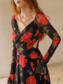 MOTF PREMIUM SPRING/SUMMER FASHION V-NECK PLEATED RUFFLE HEM PUFF SLEEVE WAIST CINCHED PRINTED DRESS FOR WOMEN - Black - View 2