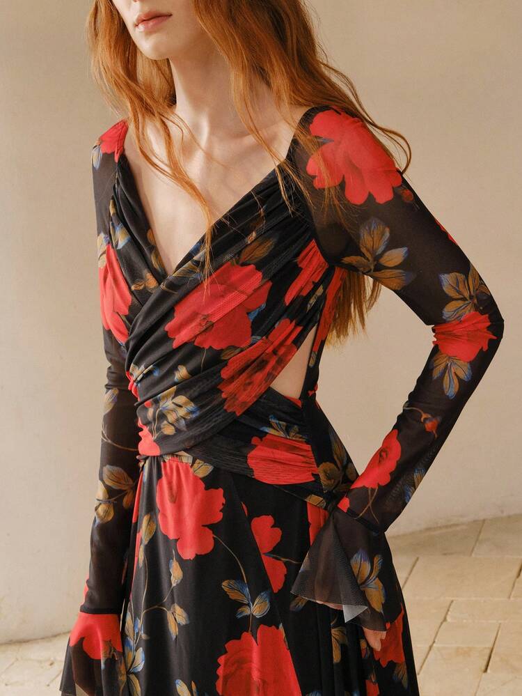 SPRING/SUMMER FASHION V-NECK PLEATED RUFFLE HEM PUFF SLEEVE WAIST CINCHED PRINTED DRESS FOR WOMEN