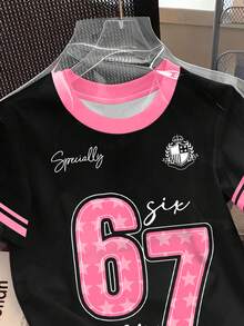 SHEIN 热销新品：女士黑粉撞色个性化短袖T恤，适合日常穿着、通勤和休闲外出。春夏百搭款式。 - 彩色 - 查看 3