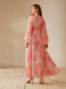 MOTF PREMIUM WOMEN'S PINK CHIFFON ROUND NECK WAIST CINCHED LONG SLEEVE MIDI DRESS