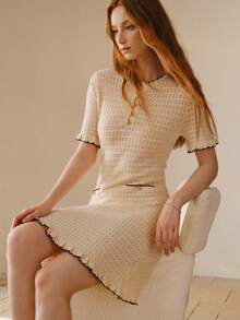 MOTF PREMIUM FASHIONABLE HOLLOW-OUT KNIT SHORT SLEEVE SWEATER DRESS - Apricot - View 1