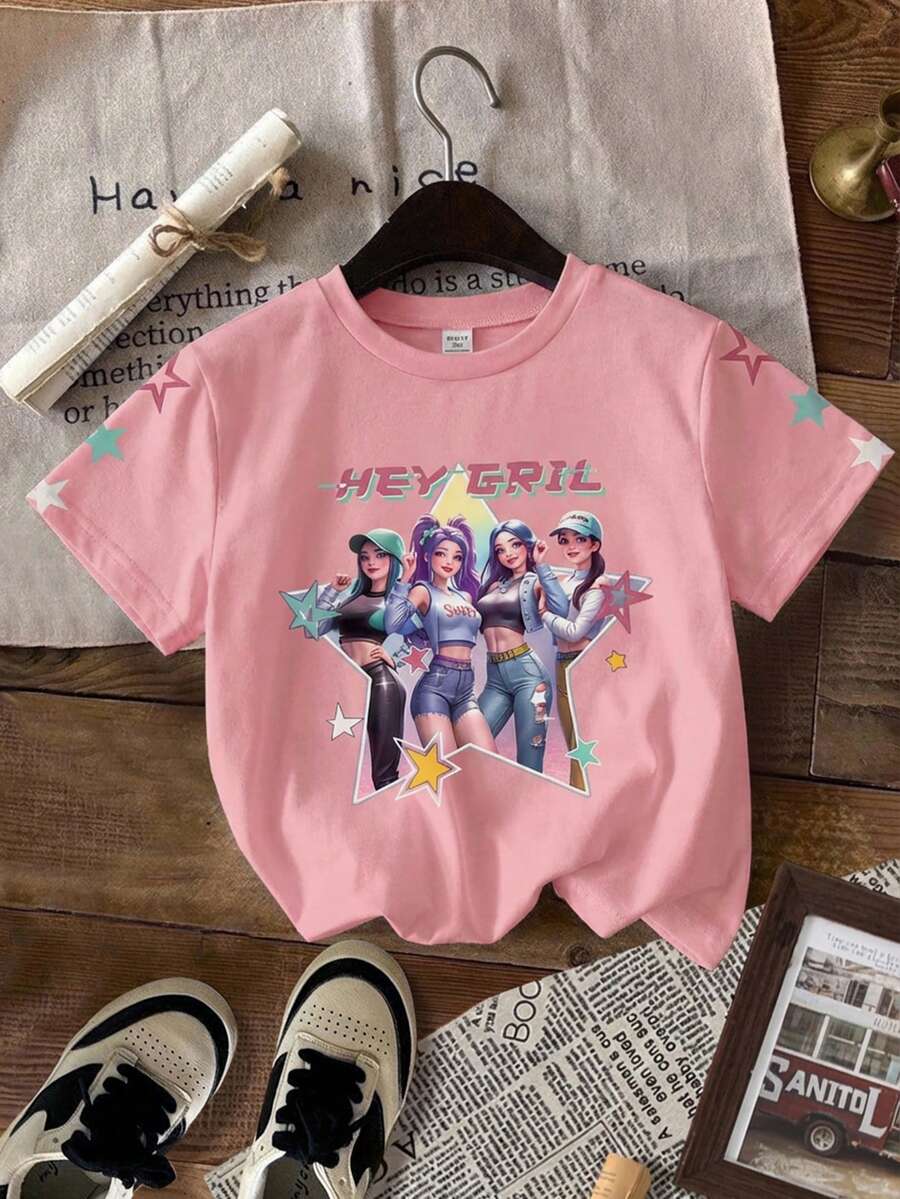 SHEIN 少女休闲复古字母数字徽章图案T恤，运动学院风短袖圆领T恤，适合夏季，基础款，轻松运动风，舒适休闲，字母T恤，休闲舒适，蓝白配色，秋季T恤，简约时尚，经典百搭 - 彩色 - 查看 1