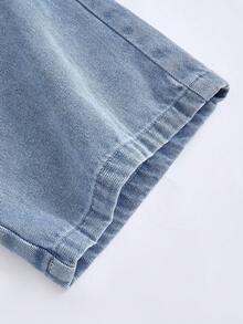 Tween Girls Denim Jeans, Suitable For Spring, Summer, Autumn And Winter. Medium Wash Blue, Y2K Streetwear Style, Casual And Versatile. All-Match Simple White Ribbed Elastic Waistband, Patch Pockets, Relaxed Wide Leg, Soft And Comfortable Cotton Denim Fabric, Ideal For Daily Wear, Gatherings, School, Commuting. New Spring/Autumn Collection. - Medium Wash - View 4