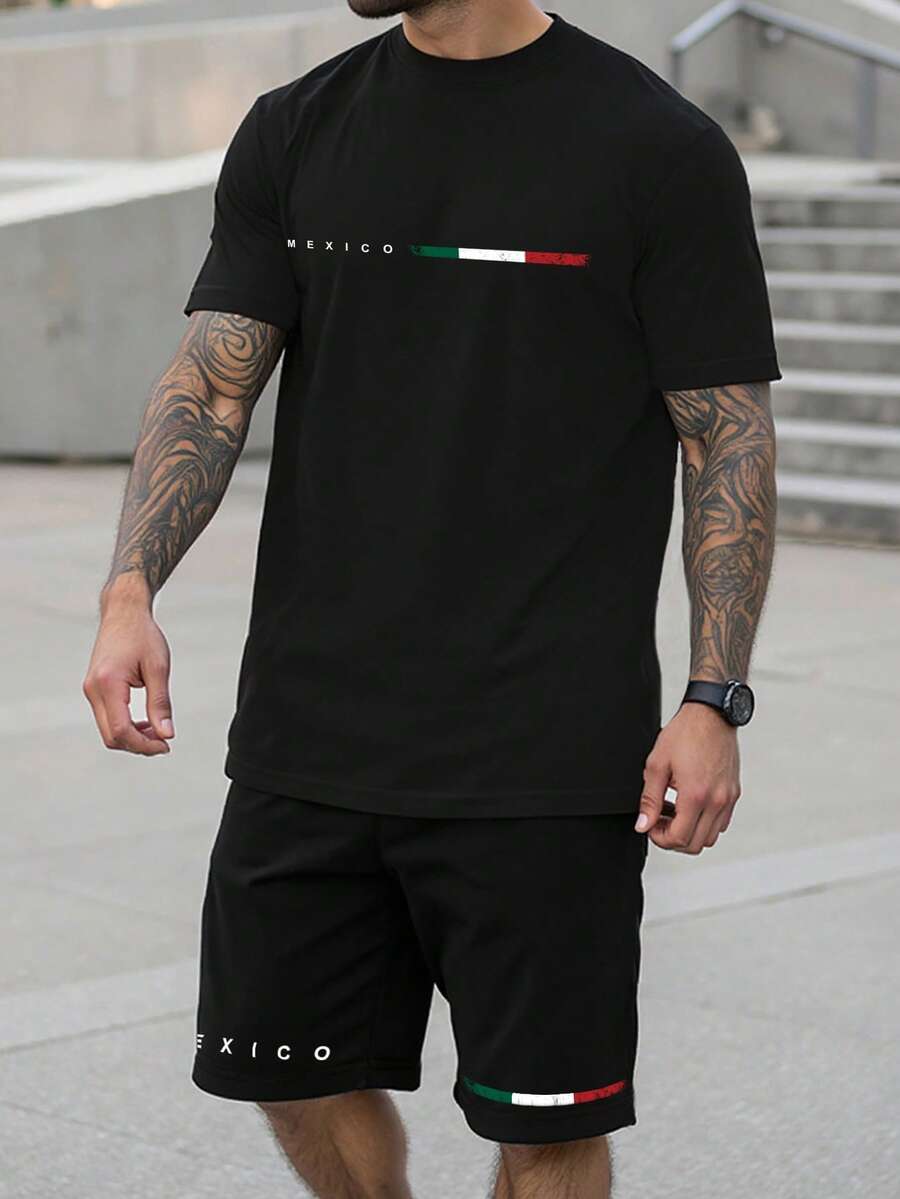 Manfinity LEGND Bộ áo thun ngắn tay và quần short nam kiểu dáng thường ngày in chữ Mexico, thích hợp cho việc đi lại hàng ngày, bộ áo thun ngắn tay và quần short nam in chữ đồ họa kiểu dáng thường ngày mùa hè. - màu đen - Xem 1