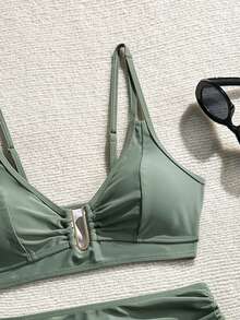 Swim Lushoire Bộ bikini 2 món dành cho nữ, gồm áo bikini khóa kim loại và quần short cạp cao xếp ly hai bên, thích hợp cho kỳ nghỉ hè ở bãi biển. - xanh quân đội - Xem 7