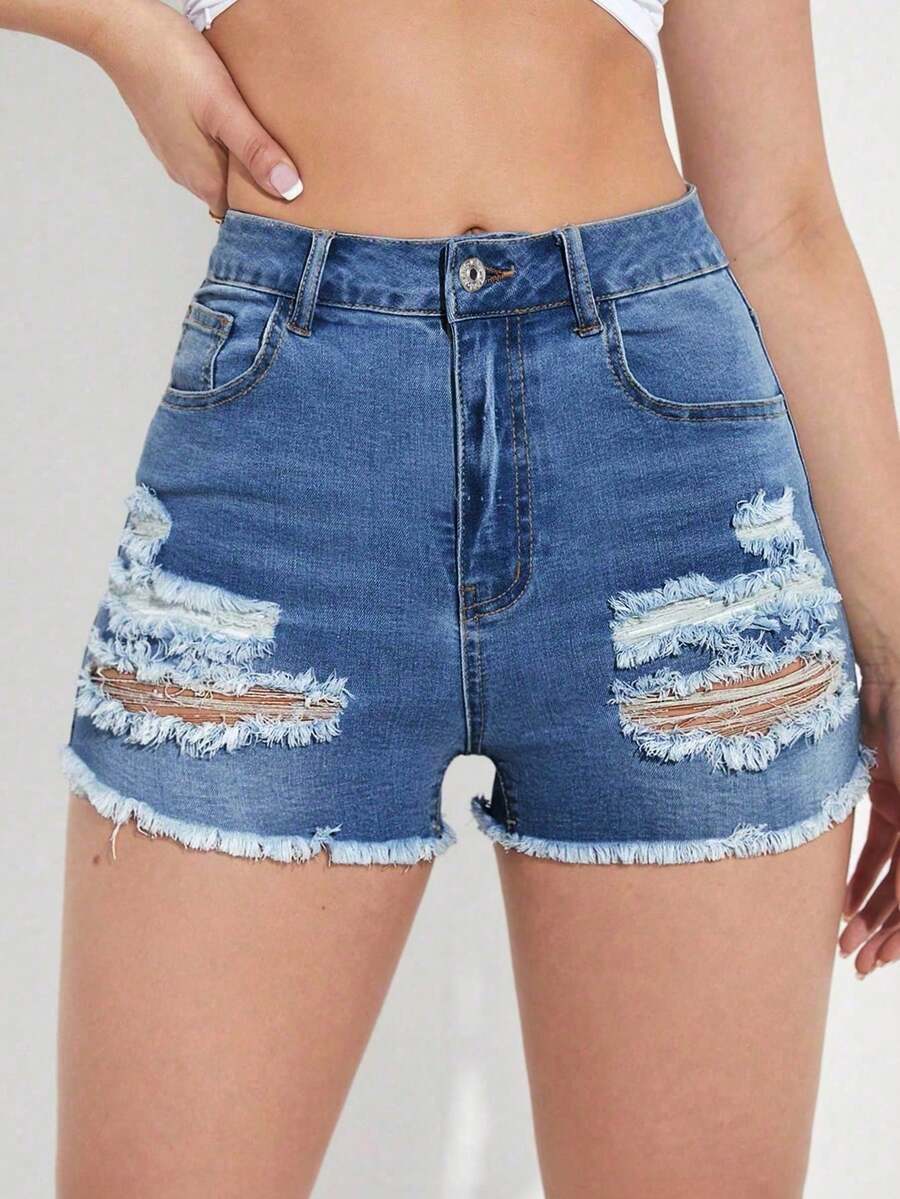 SHEIN Essnce Women's Casual Everyday Wear Denim Shorts With Pockets And Button Distressed Design - Light Wash - View 1
