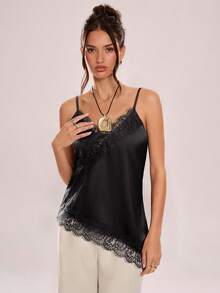 Avenya Sheer Lace Crisscross Asymmetric Hem Camisole - Black - View 1