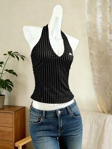 Glimmora Women's Summer Fashion Vacation Style Racer Stripe Print Backless Tie Front Camisole - Black - View 4