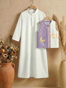 SHEIN 2pcs/Set Young Boy Vest + Shirt, Classic Retro Traditional Pattern, Arabic Text Retro Print, Star, Moon, Palace Lantern Retro Print, Suitable For Spring/Summer