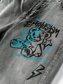 SHEIN 青少年男童休闲水洗涂鸦印花修身牛仔裤 - 黑色 - 查看 7