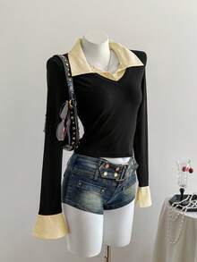 SHEIN Clasi 女士条纹拼接不对称下摆紧身长袖T恤，二合一衬衫领，时尚休闲街头风，秋冬印花T恤，春季女装上衣 - 黃色 - 查看 5