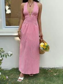 Sunnyshic Red Plaid Deep V Neck Backless Tie Waist A-Line Maxi Dress, Elegant For Women, Spring/Summer , Vacation, Wedding, Party, Minimalist, Casual, Date - Red - View 4