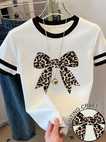 Franclia Women's Casual Leopard Print Bow Patchwork Round Neck T-Shirt, Summer - White - View 1