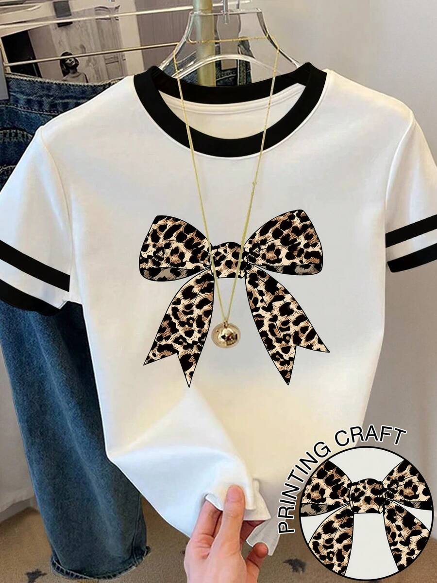 Franclia Women's Casual Leopard Print Bow Patchwork Round Neck T-Shirt, Summer - White - View 1