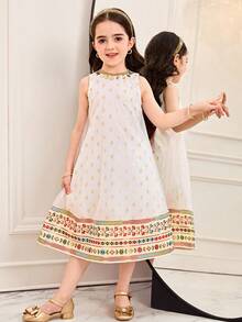SHEIN Young Girl Elegant White Summer Party Gold Foil Print Sleeveless Dress,Cute Floral & Cartoon Print Casual Modest Kaftan,Jalabiya Muslim Kids Dresses - Gold - View 7