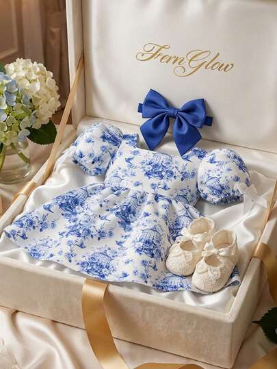 SHEIN Babygirl Floral Print Short Sleeve Dress With Headband 1 Piece Cute Versatile Elegant Sleeveless Dress With Jacquard Fabric Belt, Ladylike And Elegant Style, Princess Dress, Suitable For Birthday Parties, Back To School Season, Evening Parties, Performances, Weddings, Baptisms, Opening Ceremonies, Indoor And Outdoor, Daily Use, Sports, Play, Parties, Photo Shoots, Vacations, Festivals, Suitable For Autumn And Winter Seasons, Suitable For Gatherings, And Other Occasions Party Dress For Young Girls Young Girl Elegant Dress Beige Dresses For Girls Blue And White Porcelain Pattern Printed Dress, Navy Blue Dress