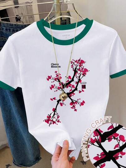 Resyla 女士印花撞色圆领休闲短袖T恤