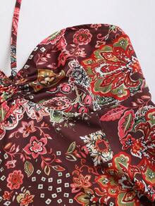 Sweetra Women's Brown Paisley Cashew Print Summer Strapless Drawstring Halter Backless Double Hem Bohemian Beach Vacation Sexy Bodycon Mini Dress - Multicolor - View 3