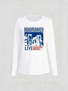 EMERY ROSE Women's Letter & Graphic Print Casual Versatile Long Sleeve T-Shirt - White - View 3