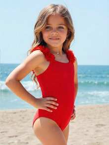 Emery Rose Kids Emery Rose Kids Young Girl 3D Floral One-Piece Swimsuit Girls Pink Bow Swimsuit Girls Striped Swimsuit One Piece Swimsuit Girls Pink One Piece Swimsuit Girls Swimwear - Red - View 2