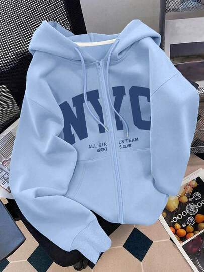 SHEIN 女士连帽拉链卫衣，字母印花图案，休闲外套，适合教师、返校、毕业、日常穿着、冬季外套，时尚百搭；女士连帽长袖卫衣