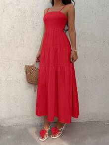 Sunnyshic Peach Textured Fabric Drawstring Pleated Camisole Loose Flowy Dress, Flattering & Vacation Style, Sleeveless - Fiery Red - View 6